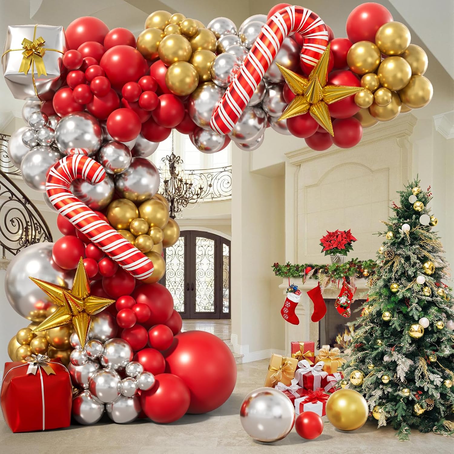 Balloon Arch Kit - Kerstballonboogset - Kerst Rood Goud Zilver